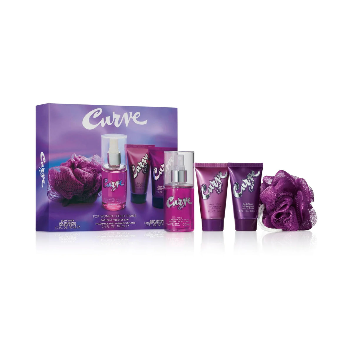 Curve Crush for Women Perfume Fragrance Set, Body Wash & Lotion, Fragrance Mist and Loofa, Day or Night Scent, 4 Piece Set