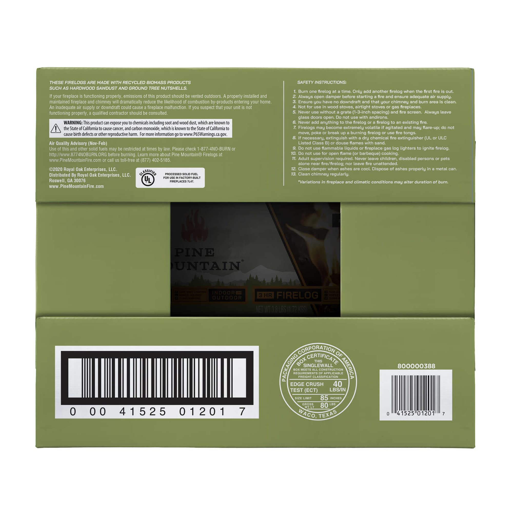 Pine Mountain 100% Natural Classic Firelog, 3-Hour Burn Time, 6 Logs, Green