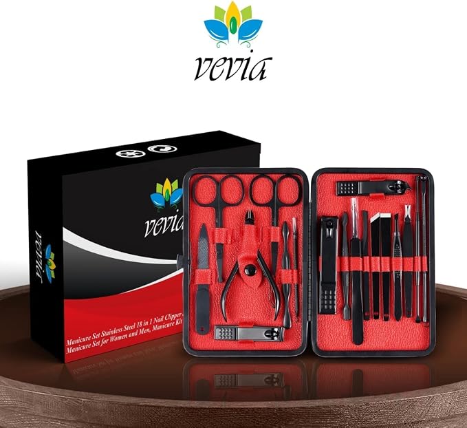 Vevia Manicure Set Stainless Steel 18 in 1 Nail Clipper Set with Travel Leather Case for Women and Men