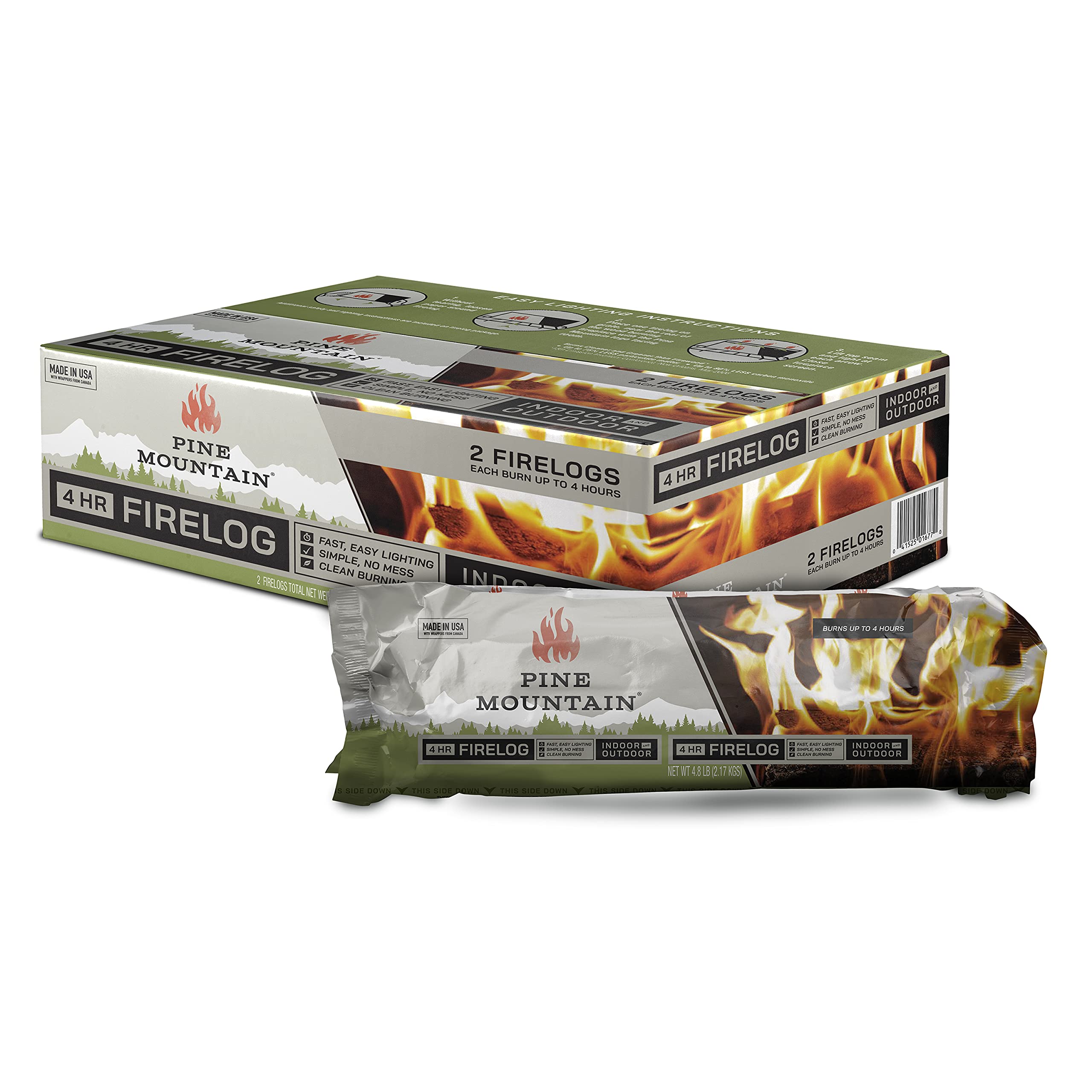 Pine Mountain Traditional 4-Hour Firelogs, Easy Starter Logs, Long Burning Firelog for Fireplace, Campfire, Fire Pit, Indoor & Outdoor Use, 2 Pack