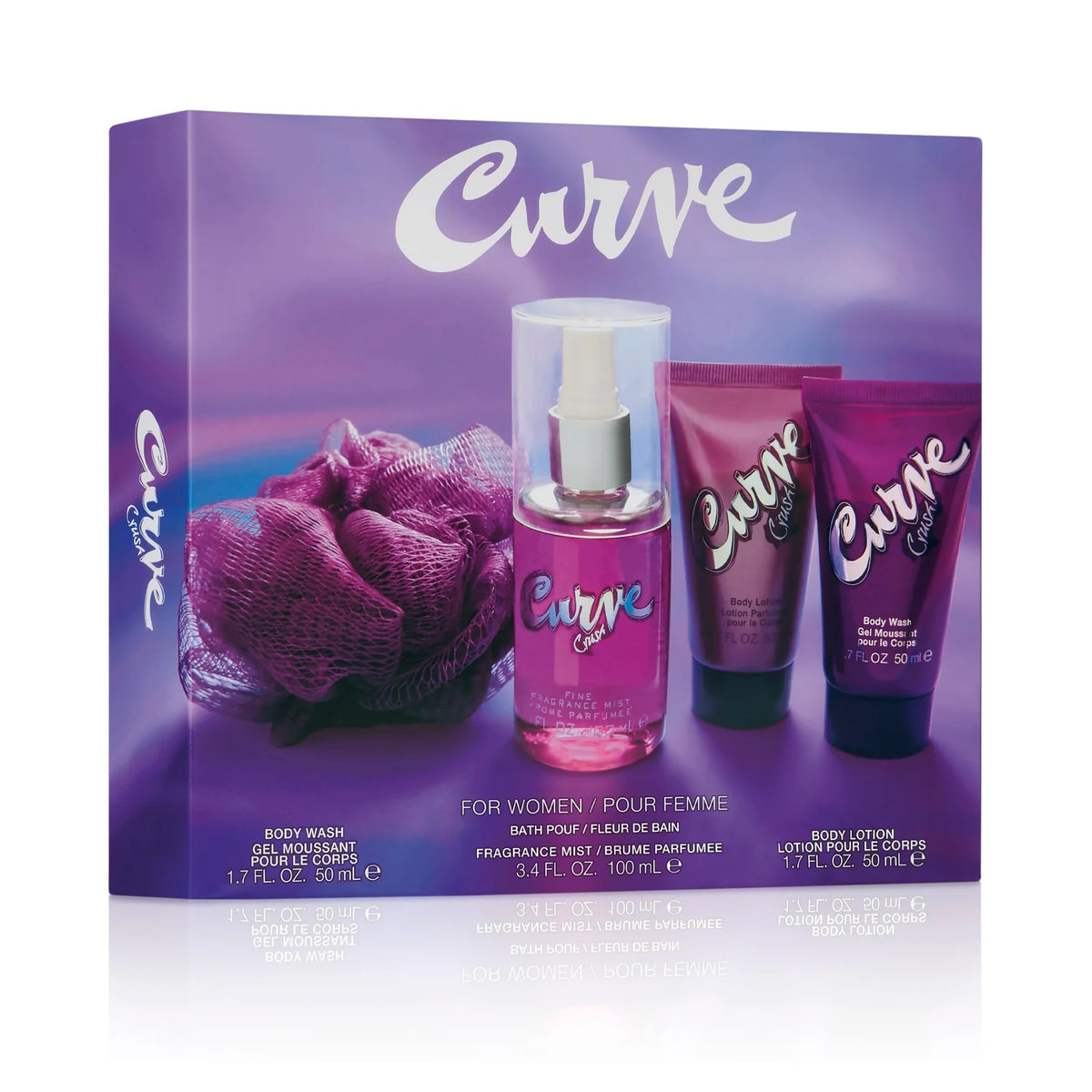 Curve Crush for Women Perfume Fragrance Set, Body Wash & Lotion, Fragrance Mist and Loofa, Day or Night Scent, 4 Piece Set