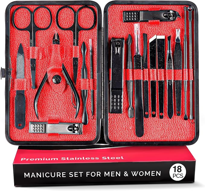 Vevia Manicure Set Stainless Steel 18 in 1 Nail Clipper Set with Travel Leather Case for Women and Men