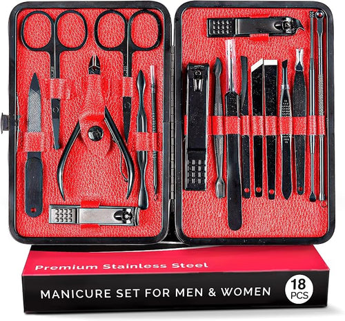 Vevia Manicure Set Stainless Steel 18 in 1 Nail Clipper Set with Travel Leather Case for Women and Men